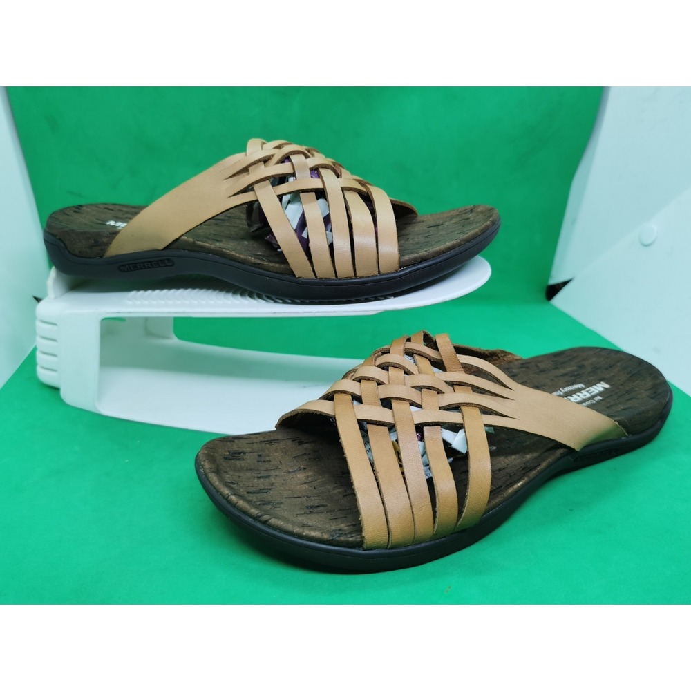 MERRELL WOMEN'S DISTRICT MAHANA TAN LEATHER SLIDE SANDALS SIZE 8 M J97316